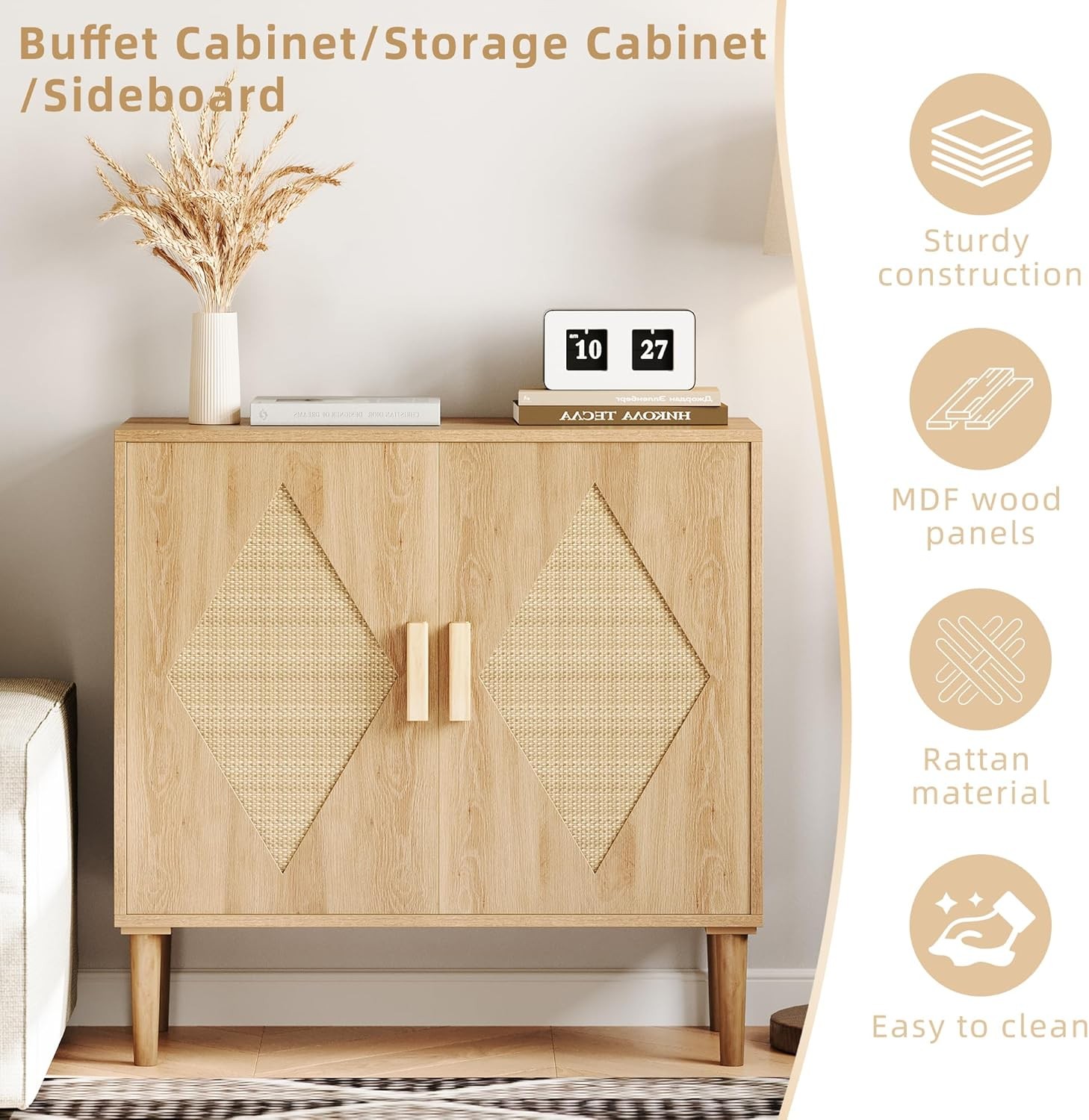 Rattan Sideboard Buffet Cabinet with Doors and Storage for Living room Entryway