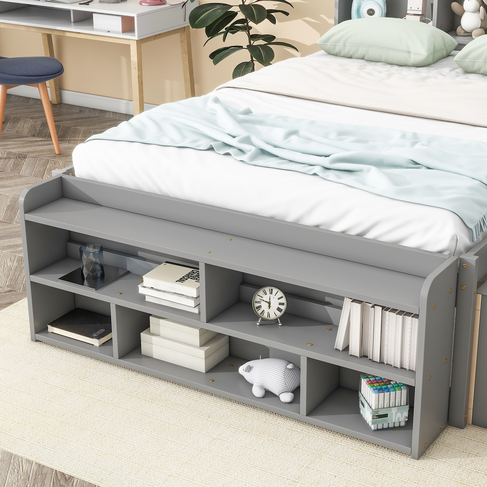 Wooden Full Size Bed Frame with Bookcase Storage Headboard and Drawers/Case Gray