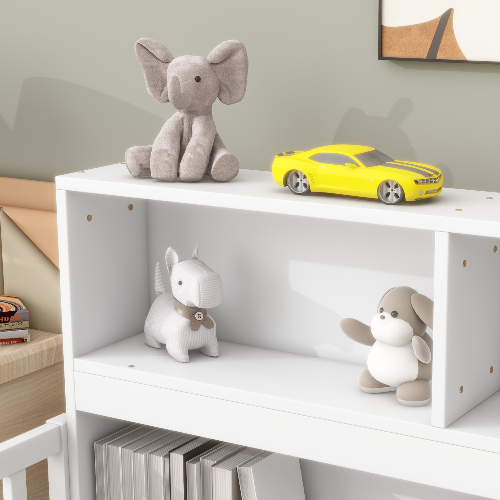 Twin / Full Size Floor Bed With Bookcase Storage Shelves and Guardrails For Kids