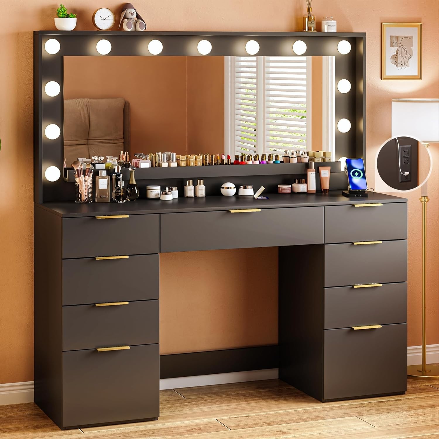 45.3in Vanity Desk with Large Mirror and Lights Power Outlet Storage