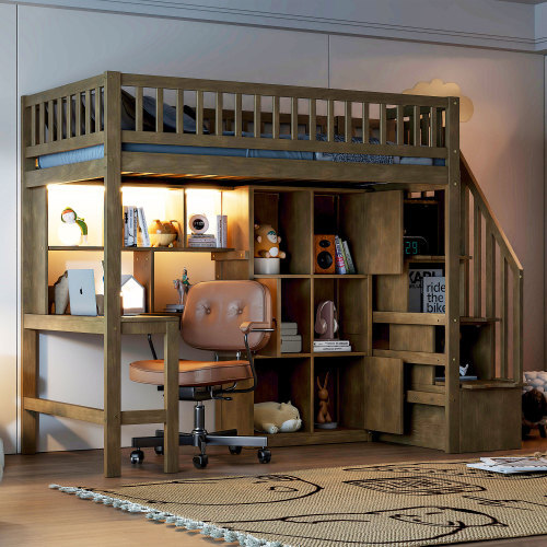 Wood Loft Bed with Desk Staircases Storage Shelves and LED Twin Size Bed Frames
