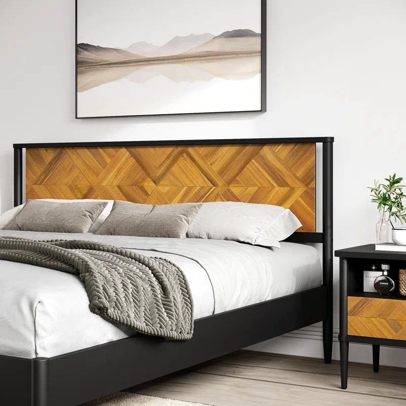 King Mid Century Modern Acacia Wood Platform Bed Frame Chevron Headboard 800lb
