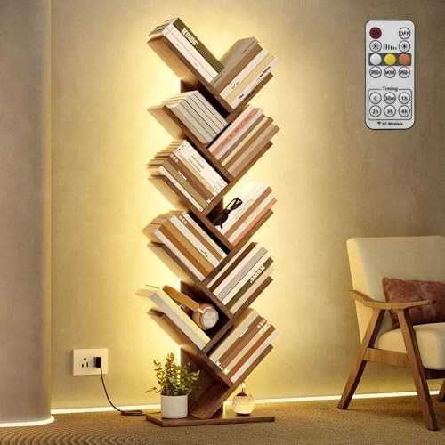 10 Tier Tree Bookshelf, Tall Bookcase, Freestanding Book Shelf with LED Lights,