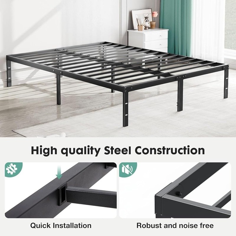 Queen Bed Frame Metal No Box Spring Space Saver Sturdy 1100lbs Easy Assembly New