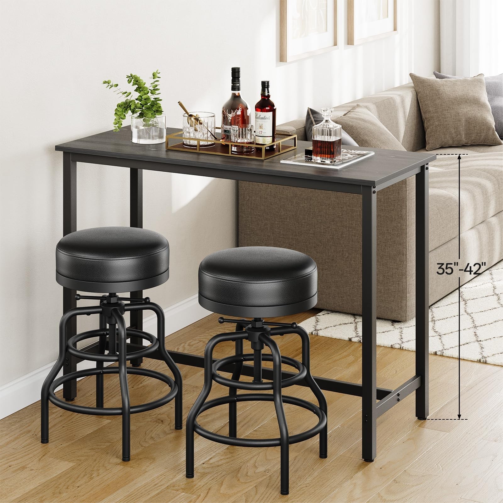 Adjustable Height Industrial Swivel Bar Stool 22-29″ | Vintage Leather Seat, Eas