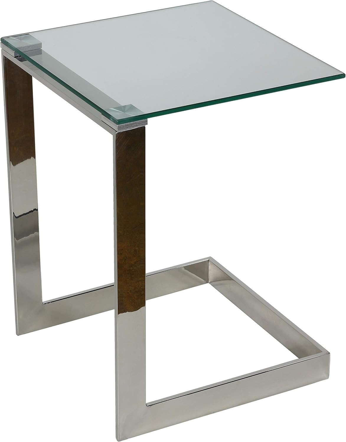 Zulu C Shape End Table, 22″ High, Silver Stainless Steel & Glass