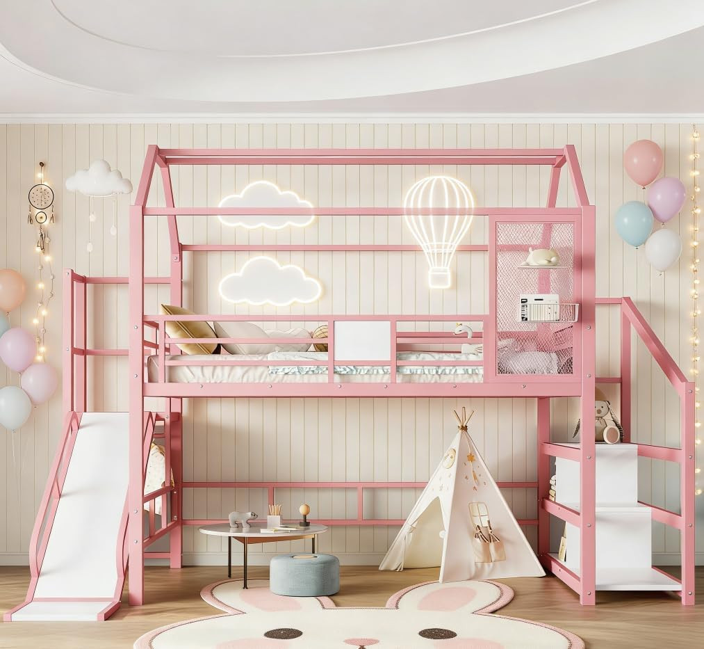 Pink Full Over Full Metal Bunk Bed with Slide and Stairs for Kids