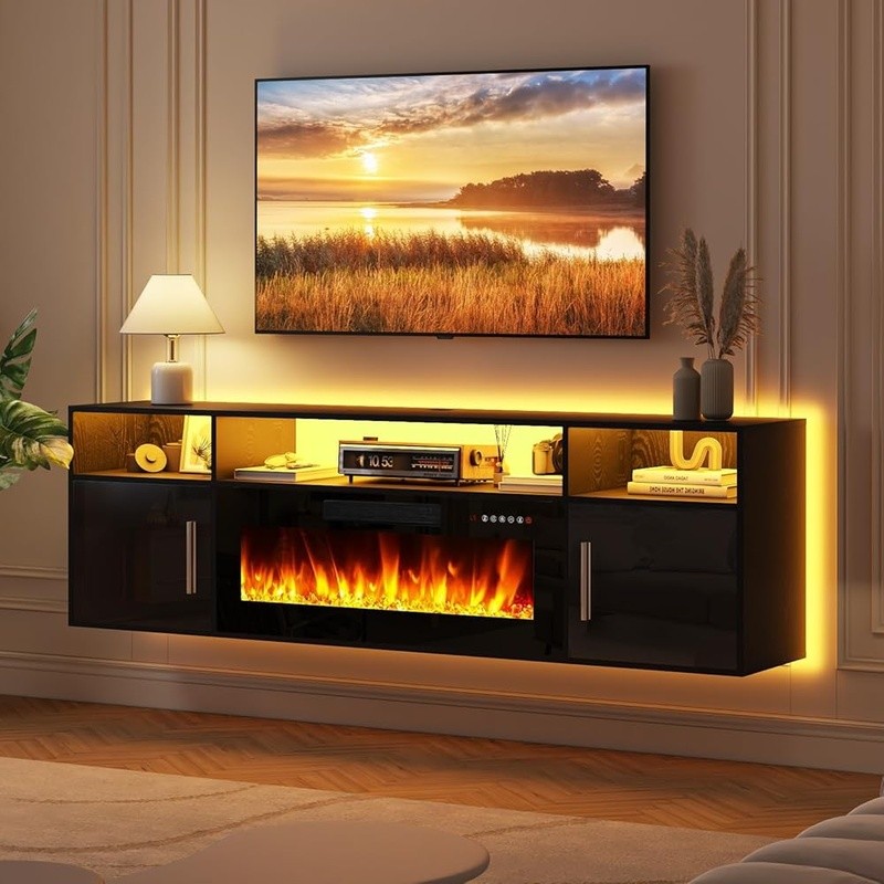 70in Floating TV Stand W/ 36in Electric Fireplace Adjustable Storage Solution US