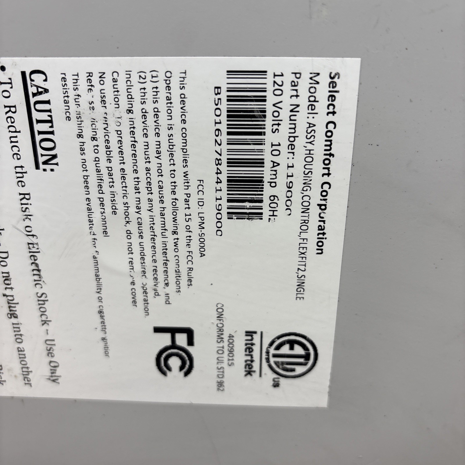 Sleep Number Select Comfort Assembly Housing Control Box 119000 FlexFit 2 Single