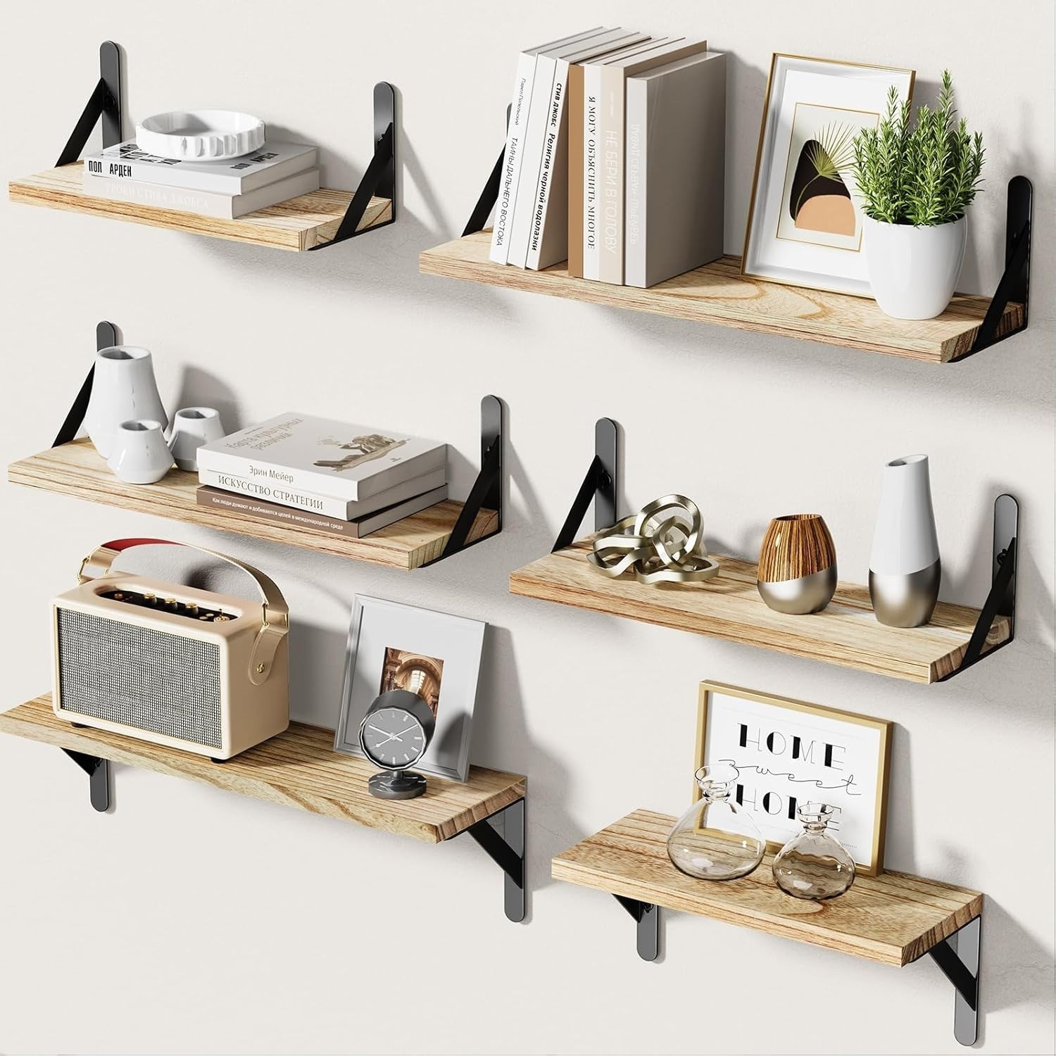 6 pack Rustic Wood Floating Shelves for Wall Decor Farmhouse Shelf for Bedroom