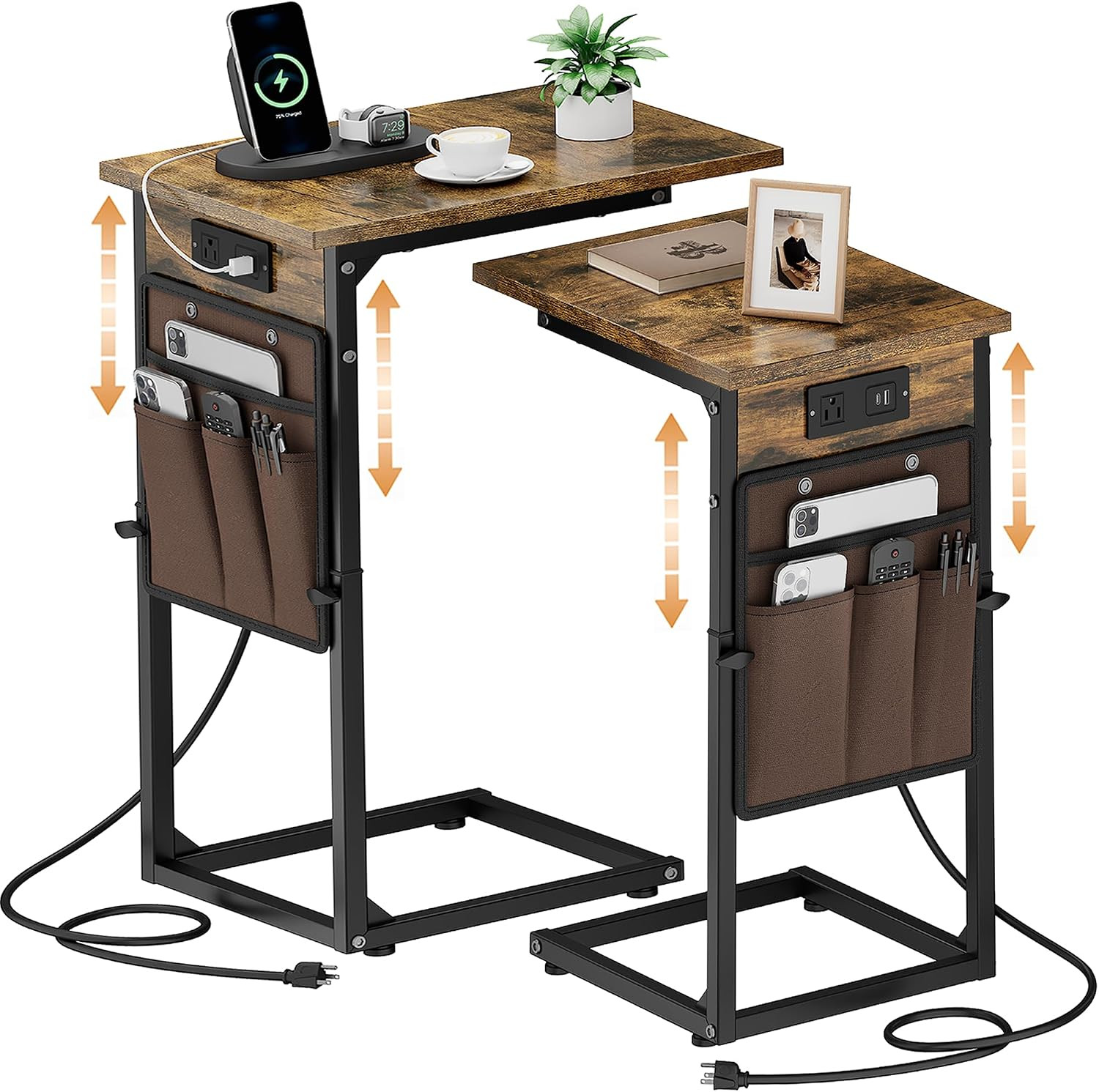 C-Shaped End Tables Set of 2 with Charging Station, 33” Tall C Table Adjustable