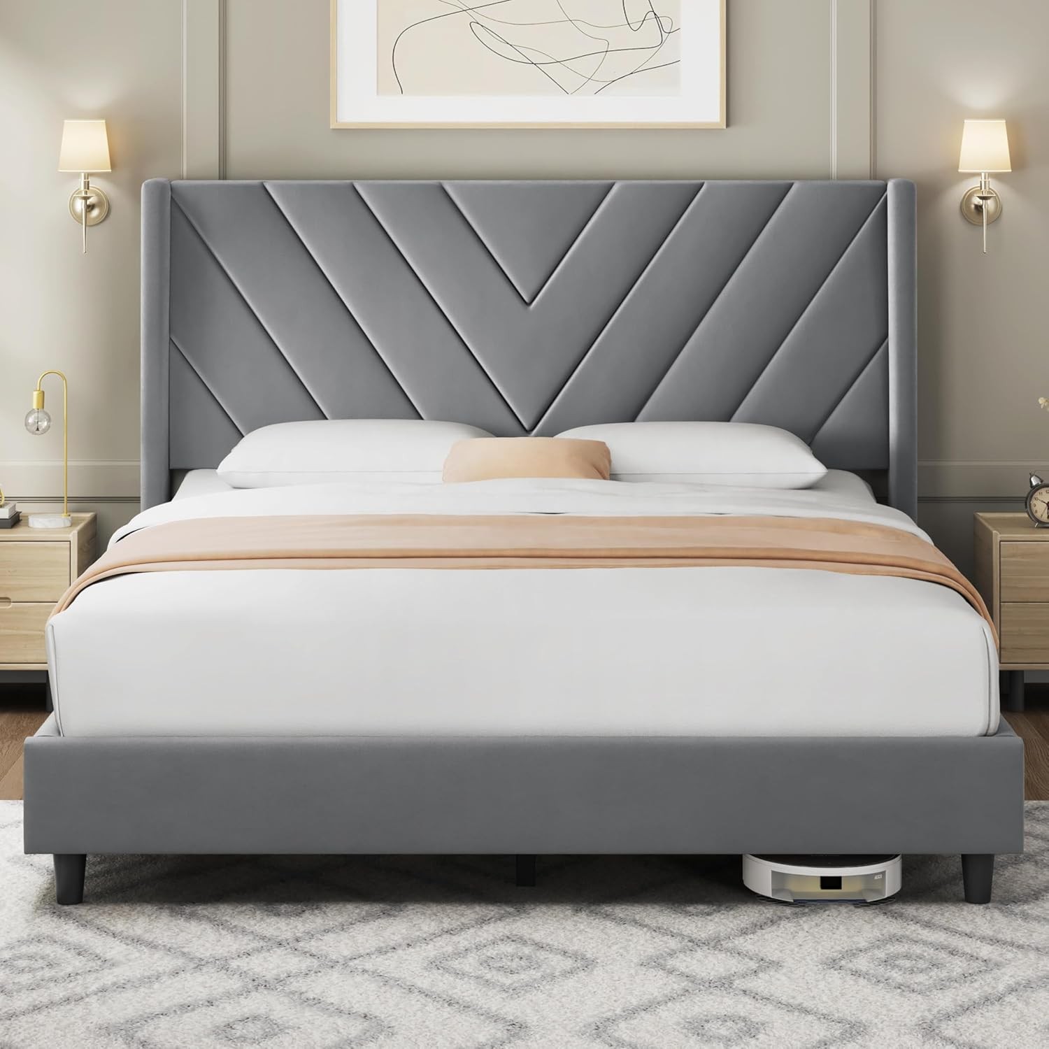 Queen Bed Frame W/ Chevron Channel-Tufted Headboard Light Grey Wood & fabric