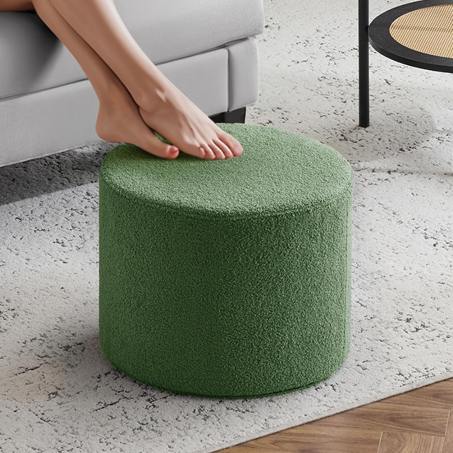 Bezseller Teddy Fabric Round Ottoman Foot Stool 17.7×13.8 Green Pouf