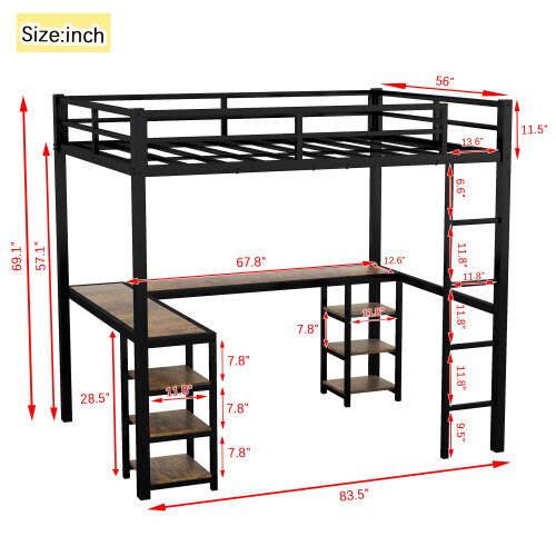 Heavy Duty Metal Loft Bed with Desk & Storage Shelves Twin/Twin XL/Full/Full XL