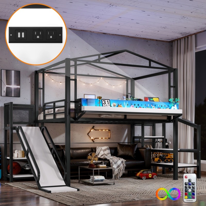 Full Size Metal Loft Bed Frame with Stairs,Built-in Wardrobe,Slide & LED Lights