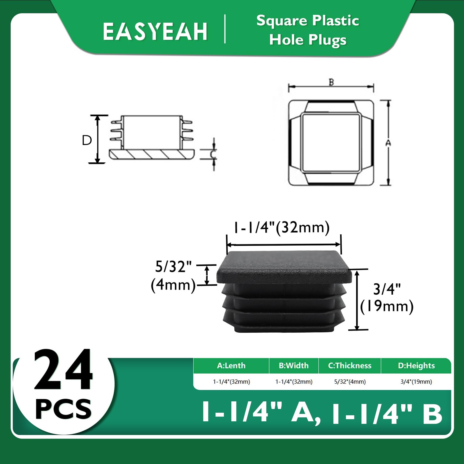 1-1/4″ (32mm) Plastic Hole Plugs Black-Square Chair Leg Caps & Pipe Plugs, Tu…