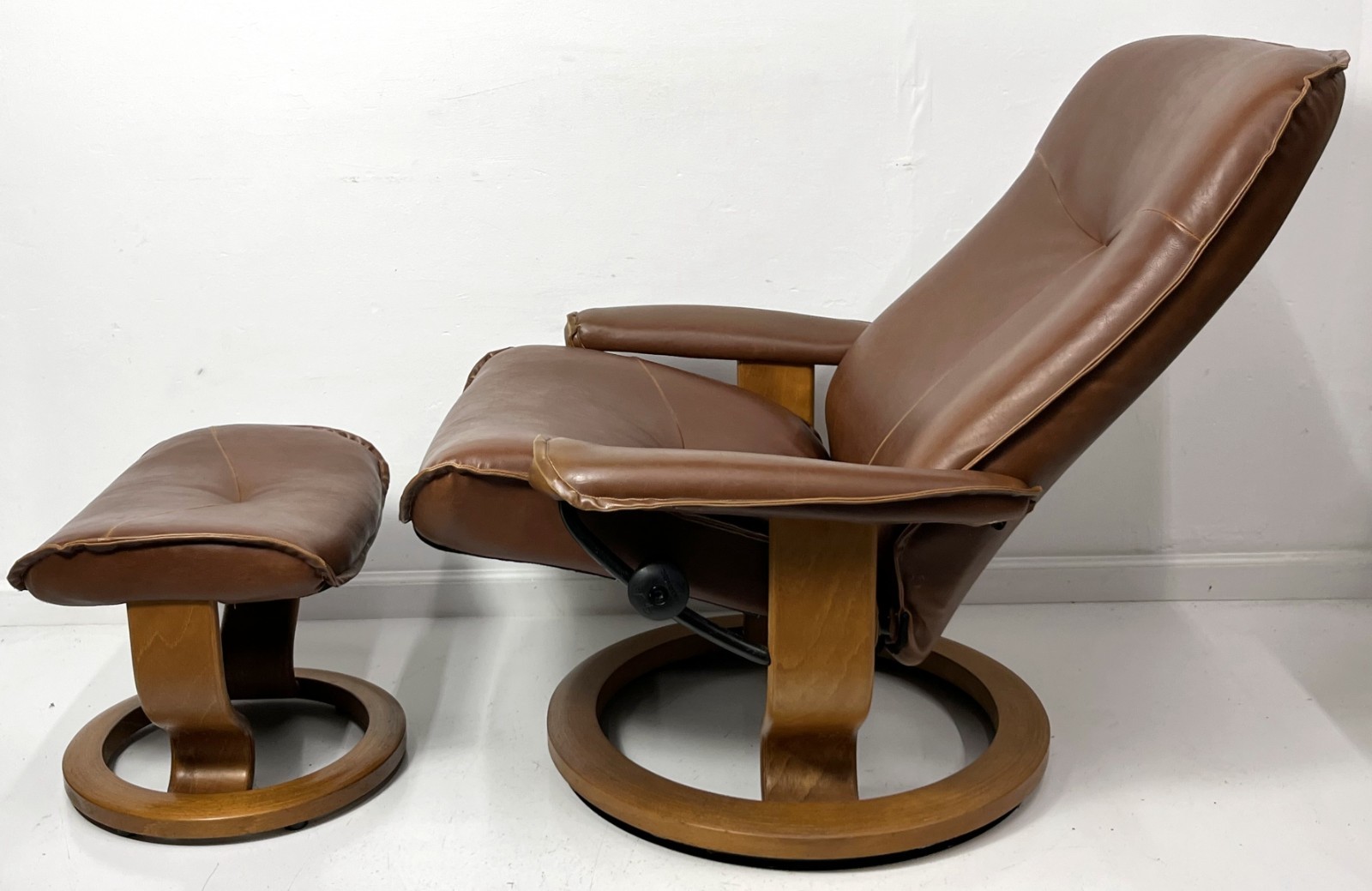 Ekornes Stressless Large “Dover” Brwon Leather Swivel Recliner & Ottoman