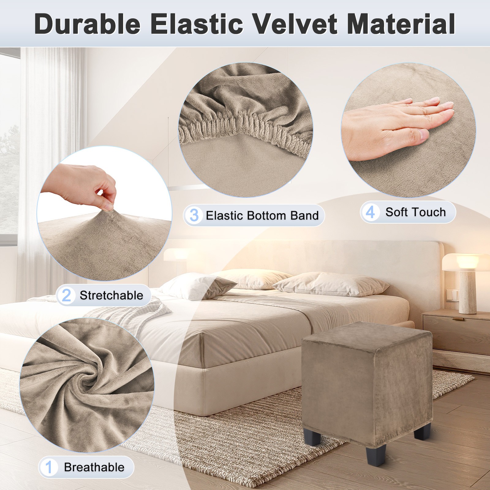 1-Pack 13″x13″x15″ Stretch Square Ottoman covers Footstool Protector Light Brown