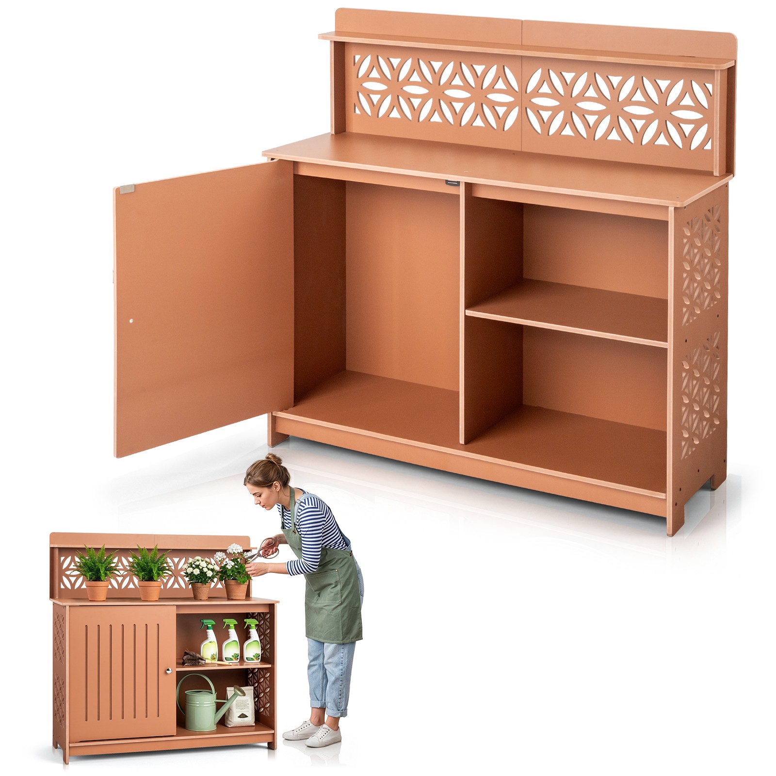 Plastic Storage Cabinet, 44in Workbench with Shelf, Door for Indoor Outdoor