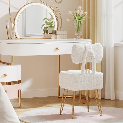 Small Vanity Chair with Storage, Folding Back, Teddy Fleece Ottoman, White