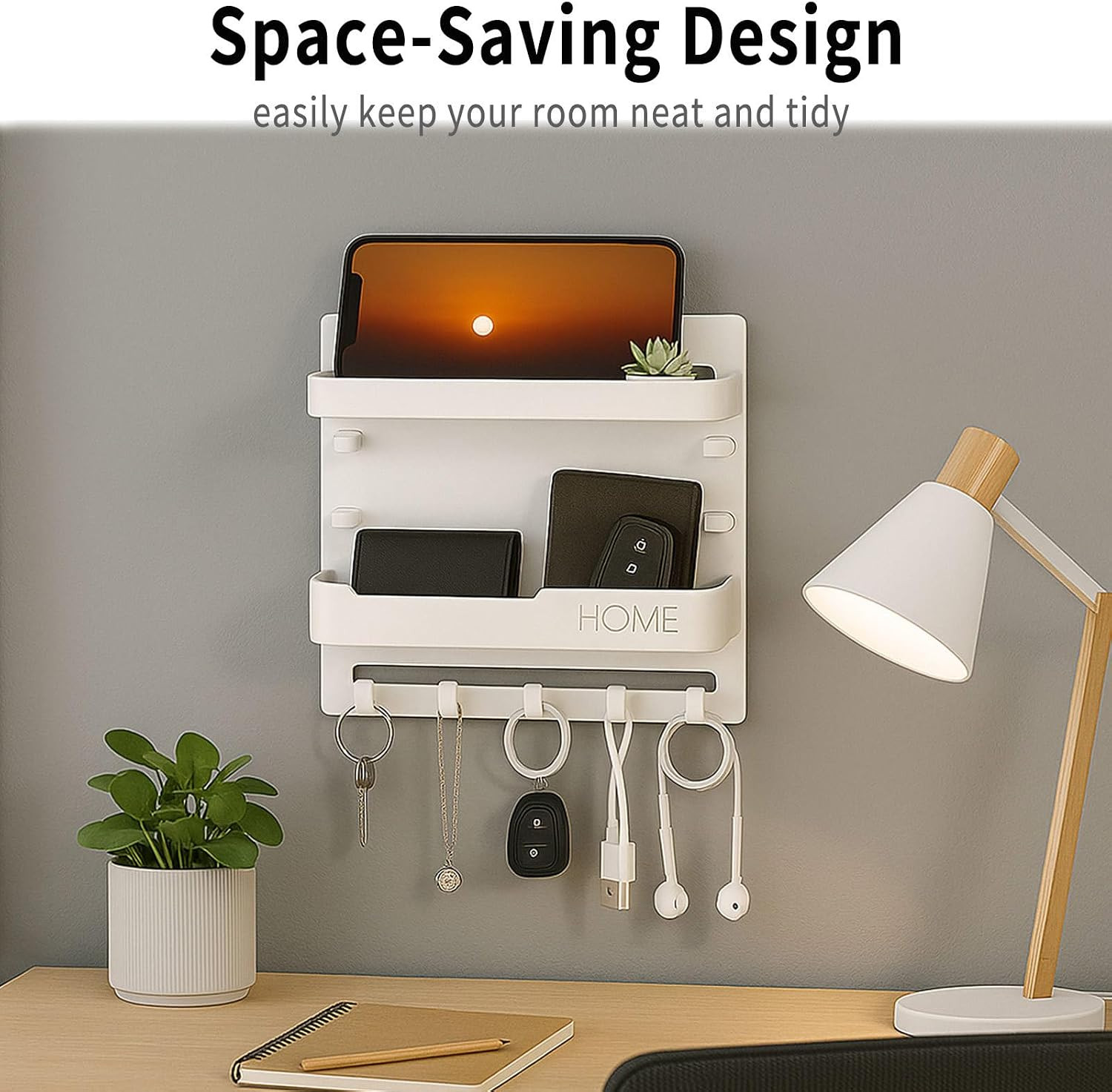 Bedside Wall Shelf Organizer with 5 Hooks & Cable Clips, Plastic Adhesive Wall M