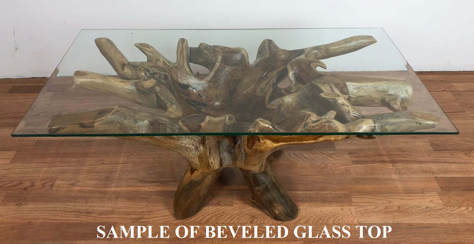 Teak root free form coffee table with beveled glass 43.5″ x 23.5″ TR02