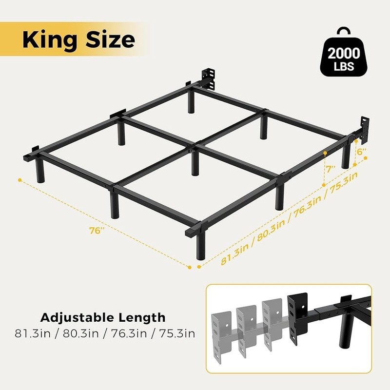 Heavy Duty Metal Bed Frame Adjustable Length Squeak Resistant Easy Assembly King