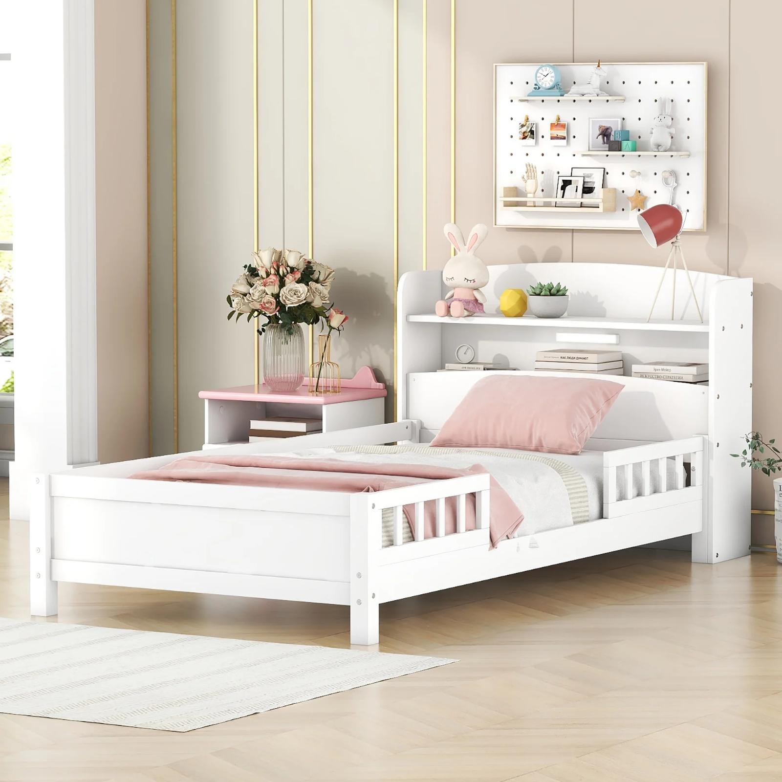 Childs Twin Size White Platform Bed Storage Headboard Shelf LED Light Solid Wood