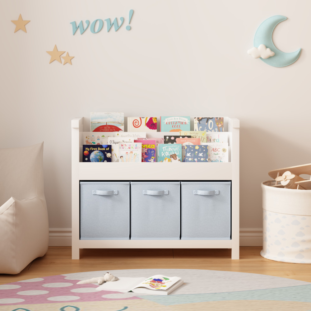 Children’s Bookshelf Features 3 tiers Storage space 3 fabric storage bins Wooden