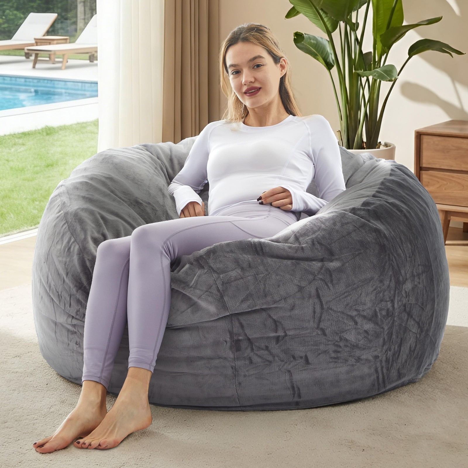 3 Foot Memory Foam Bean Bag Chair Gray Washable Flannel Cover For Home Bedroom
