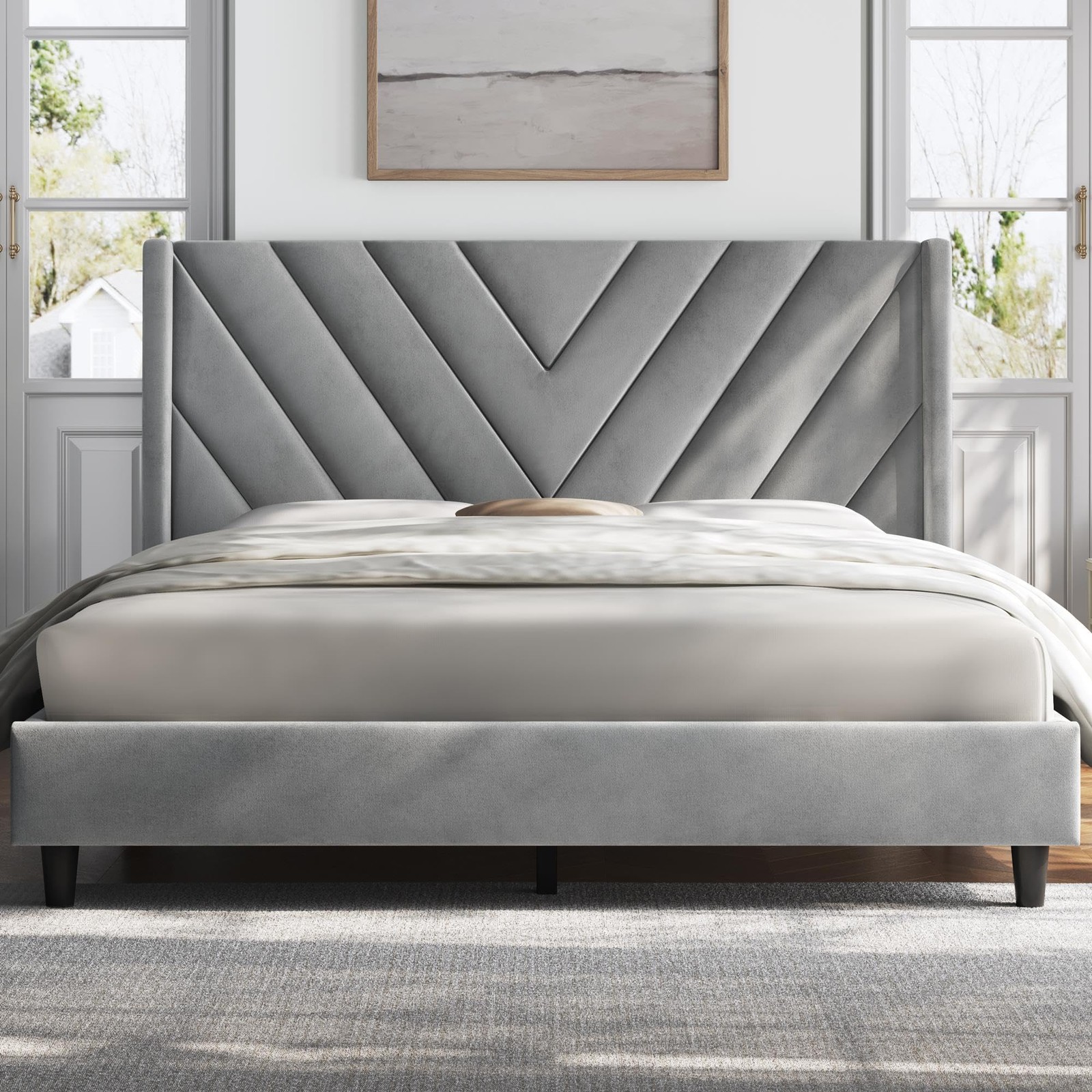 YAHEETECH UPHOLSTERED PLATFORM BED FRAME WOODEN SLAT SUPPORT QUEEN – LIGHT GRAY