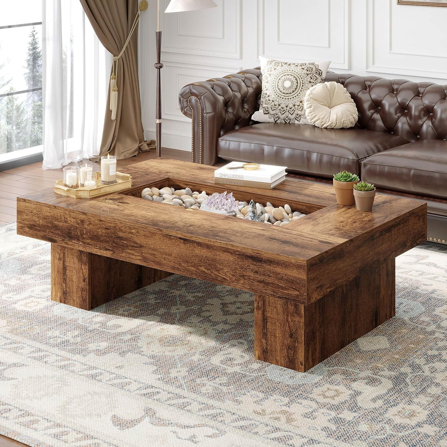 47 Inch Rustic Coffee Table with Storage LED Wood Center Table Large Wide
