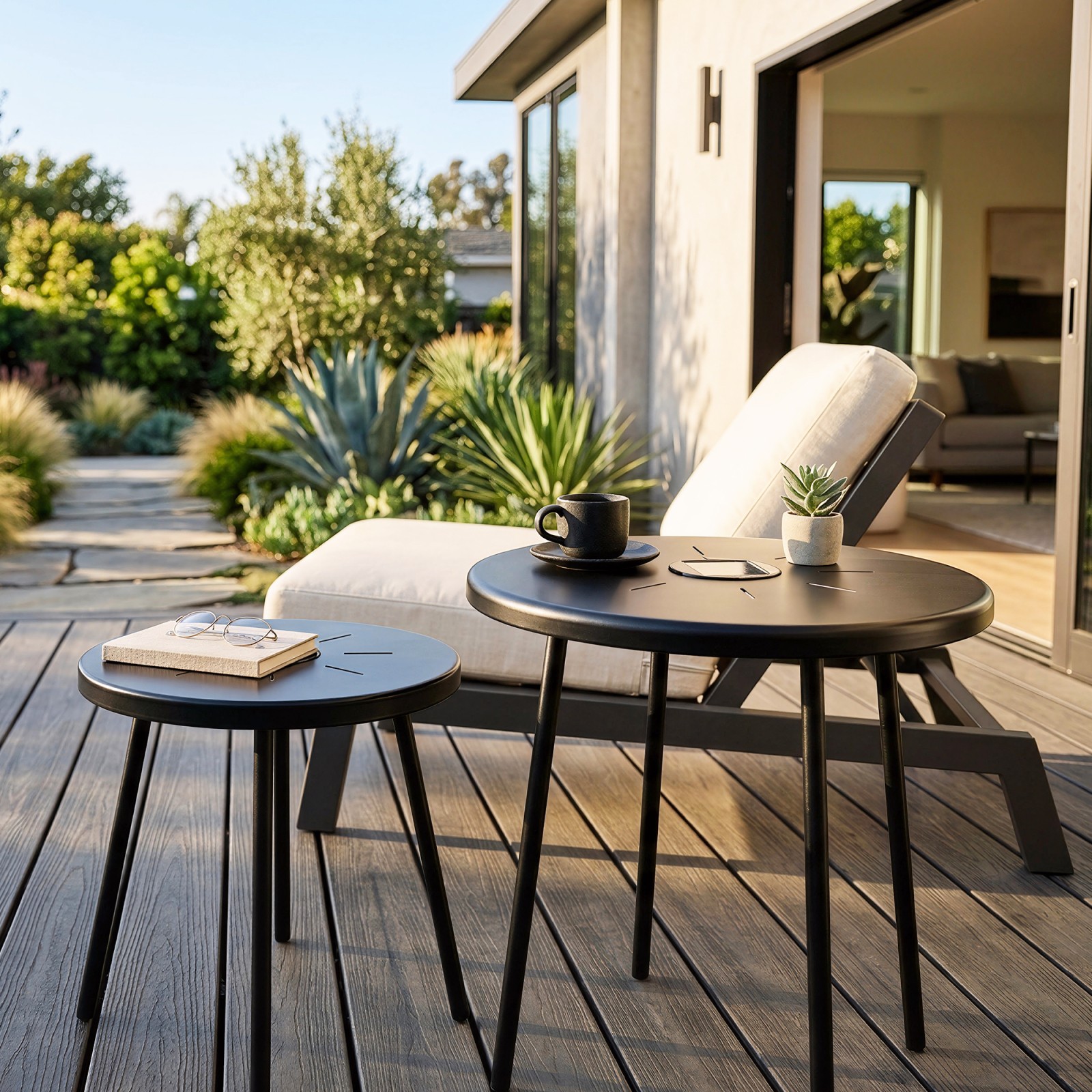 Solar Powered LED Light Side Table Set, 2-Pack, Black Iron, Outdoor/Indoor