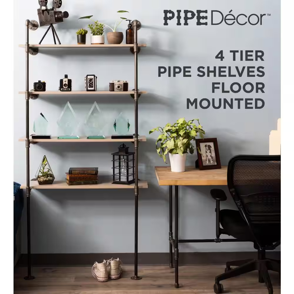 1/2 In. Black Steel Pipe 11.75 In. D X 72.5 In. H Floor Mounted 4-Tier Shelf Kit
