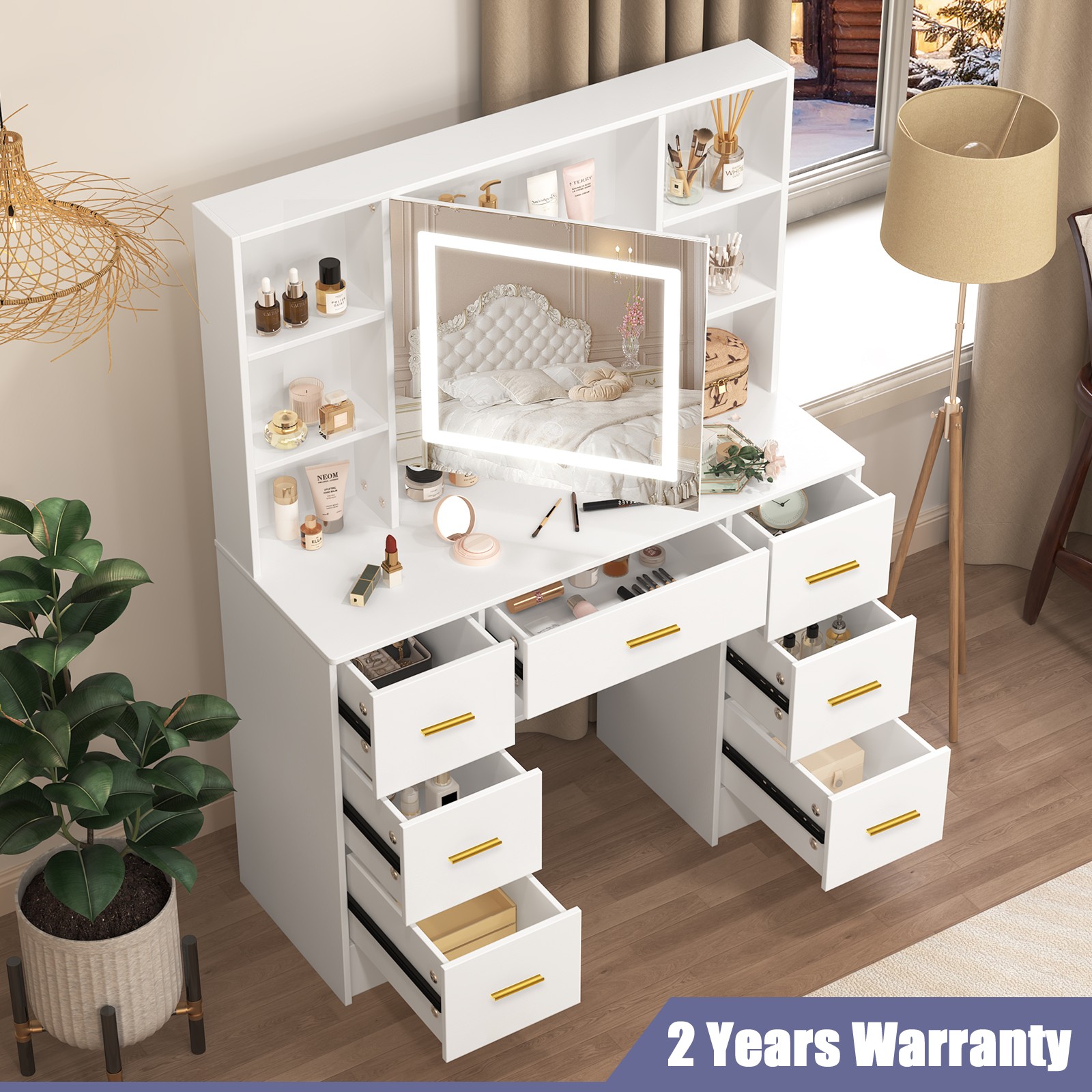 NEW Dressing Table LED Lighted Mirror with 7 Drawers Makeup Table Vanity Desk