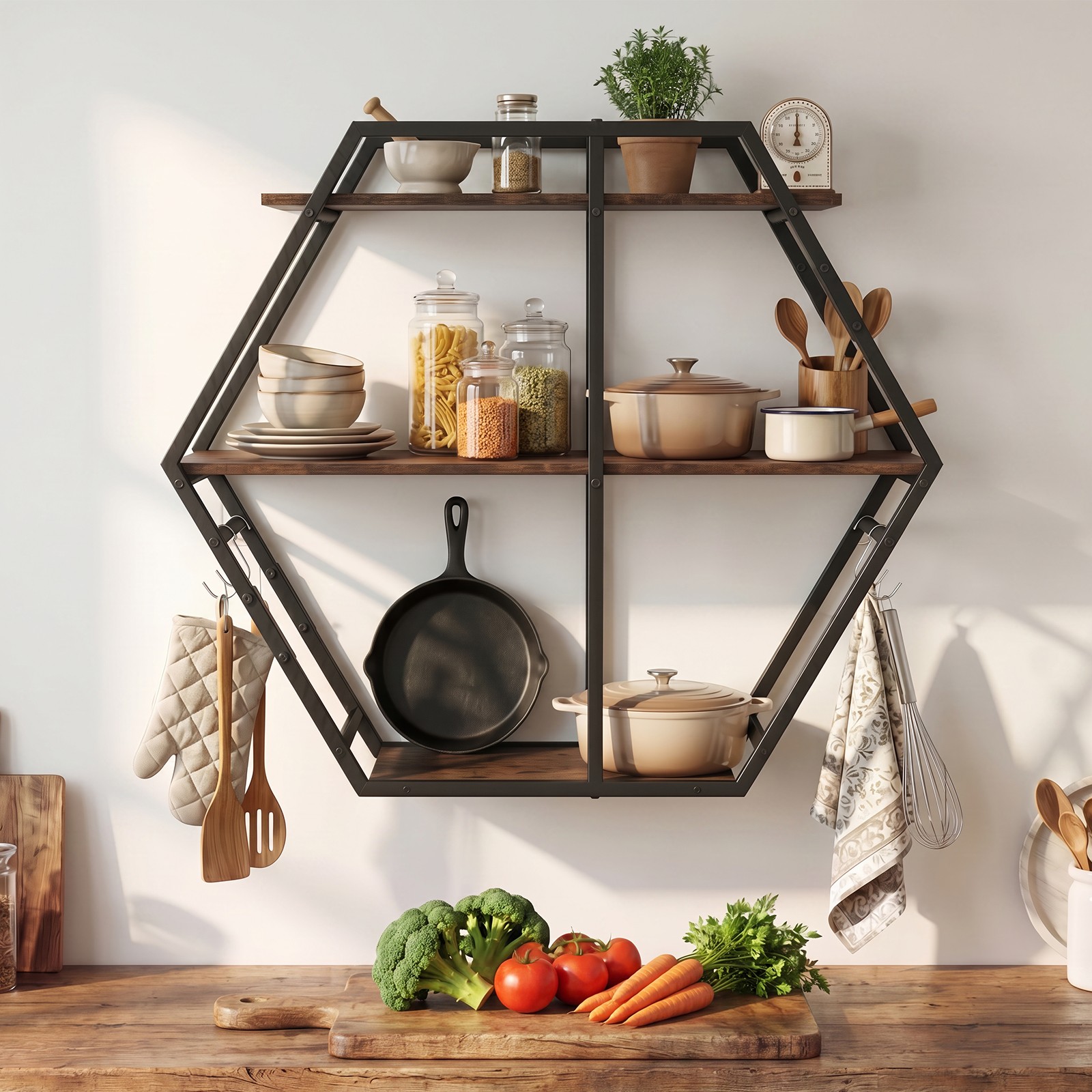 Hexagon Shelf for Wall, 3-Tier Geometric Bookcase w/4 S-Shaped Hooks Metal Frame