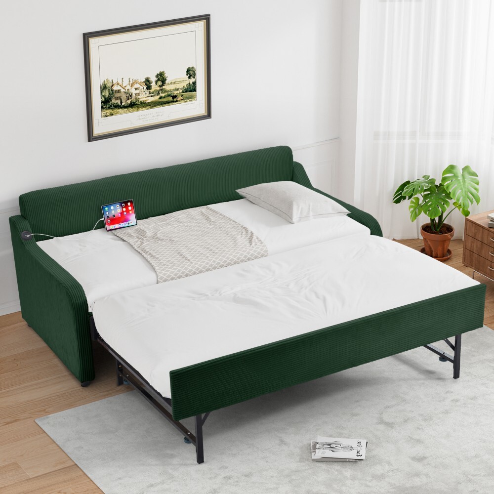 82″ Upholstered Twin Size Daybed with Pop Up Trundle to King Day Bed w/USB Port