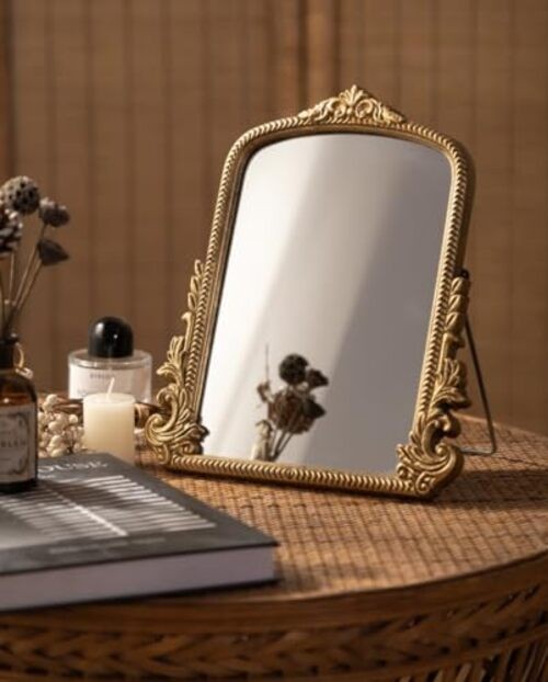 Small Vintage Vanity Makeup Desk Mirror, Antique Traditional Arch Antique Gold