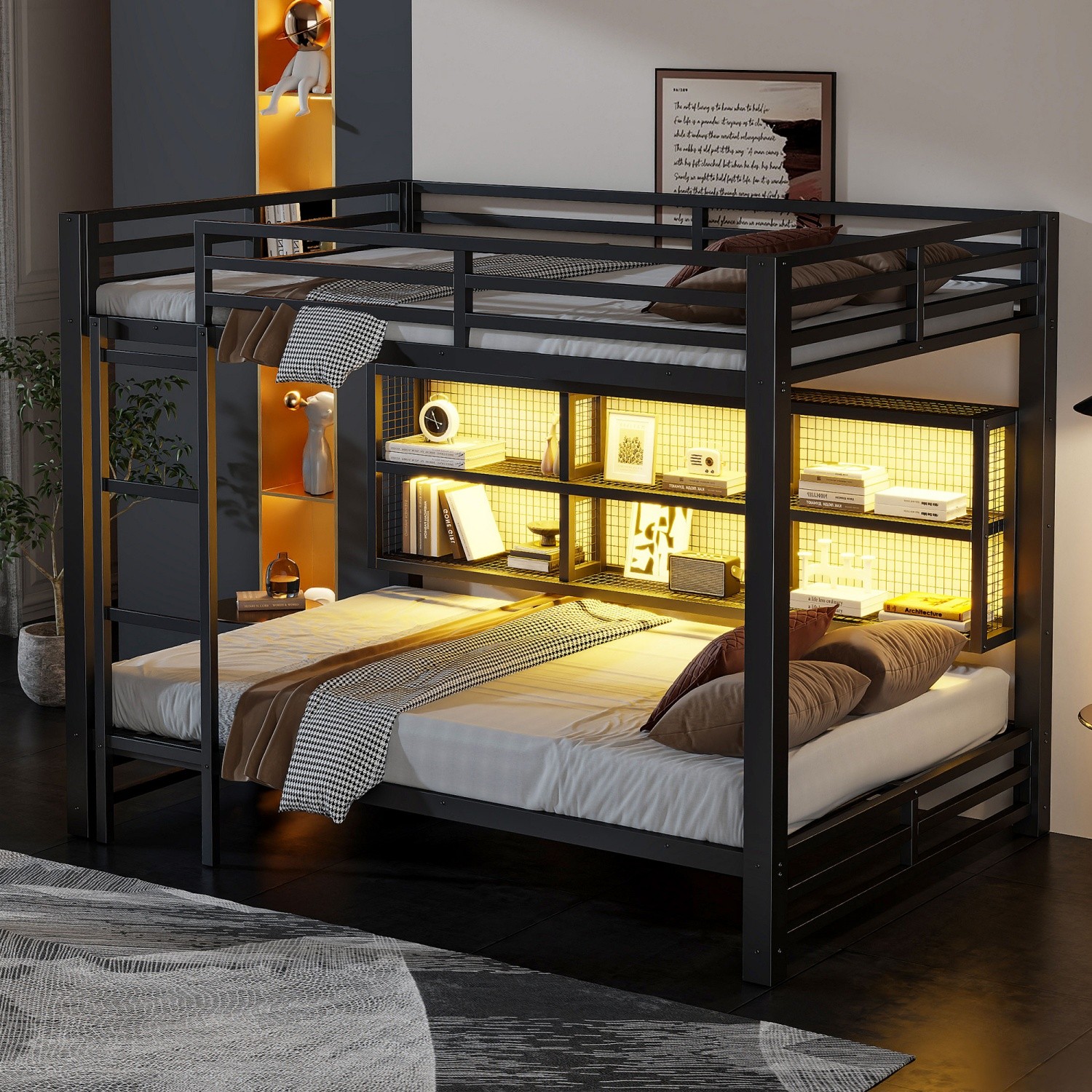 Queen Over Queen Metal Bunk Bed Frame with LED Lights & Storage Cabinets Black