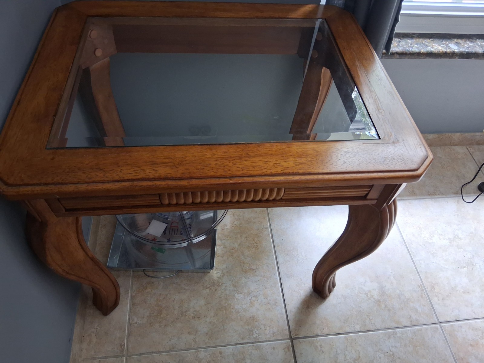 1960s Rectangular Wood End Side Table w/ Glass Inset Top Brown Clear 30x24x28