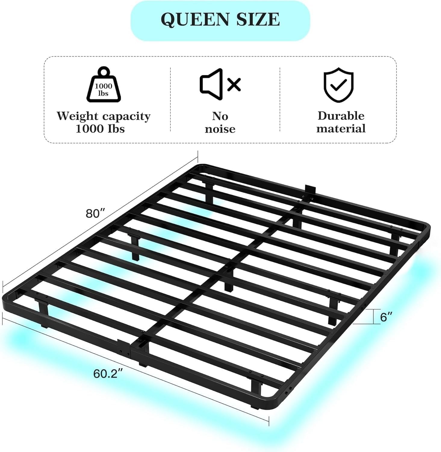 Floating Bed Frame Queen Size with LED Lights Metal Platform Bed No Box Spring N
