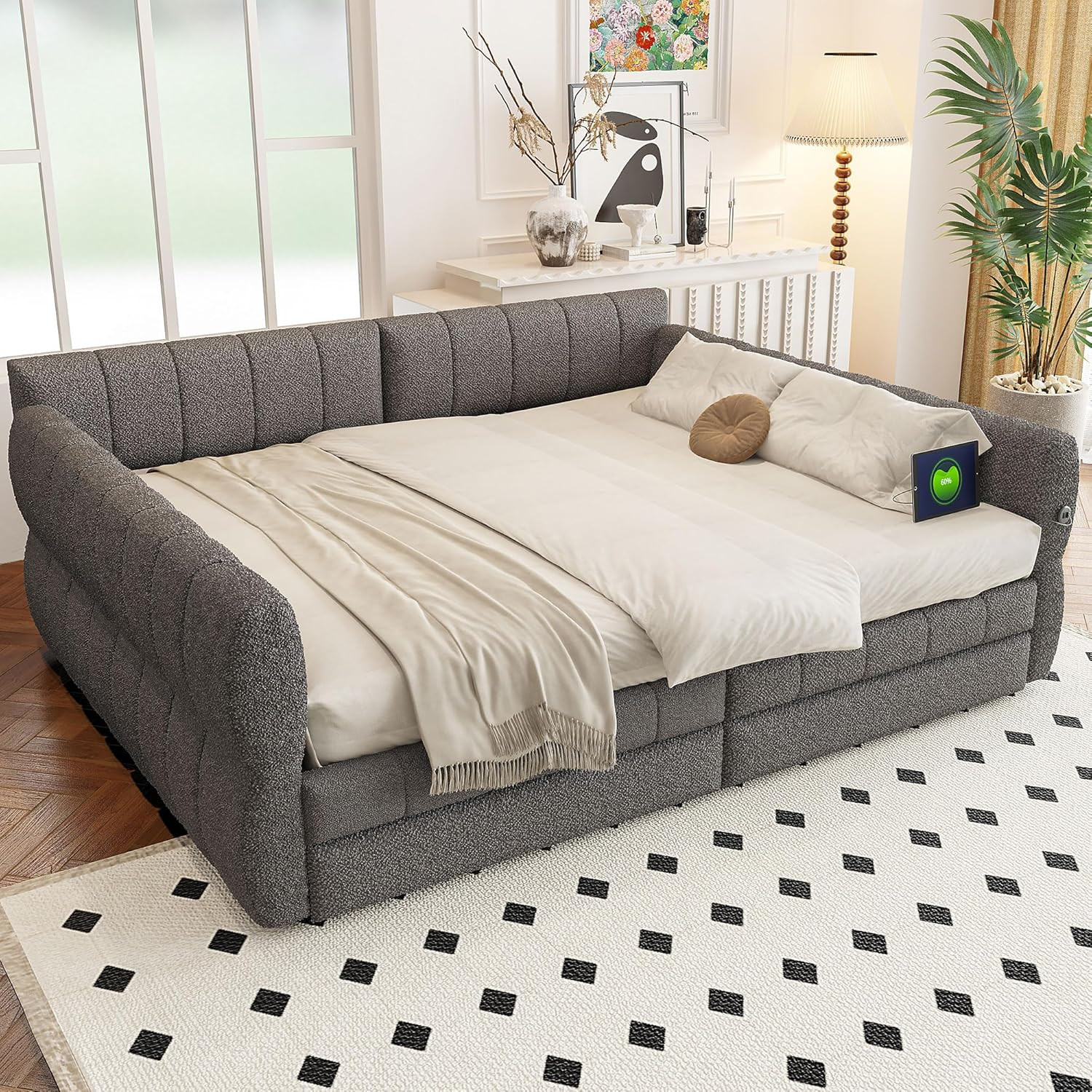 King Daybed with USB & Drawers, Upholstered Corner Bed for All Ages – Gray