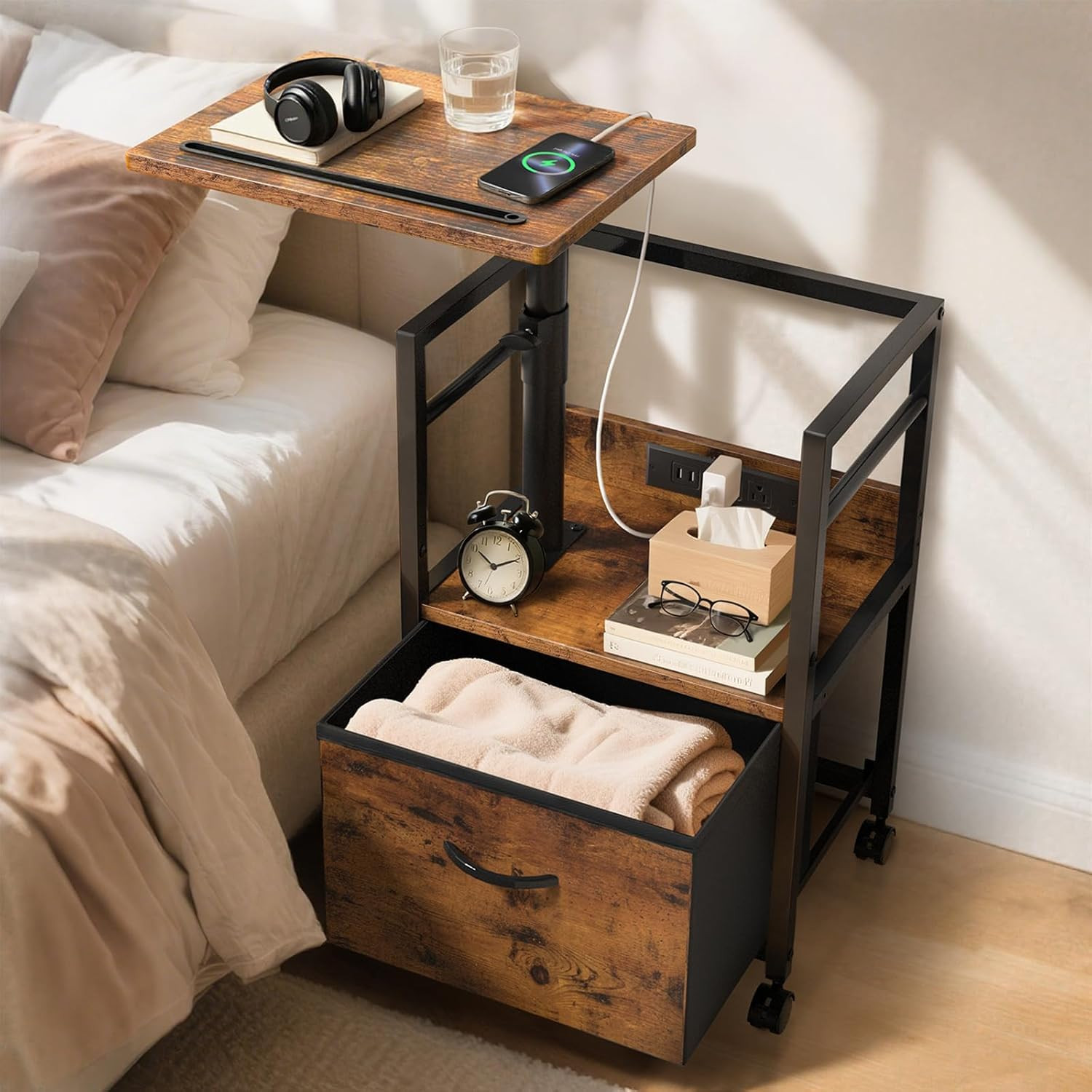 Rustic Brown Swivel Lift Top Nightstand with Charging Station & Wheels