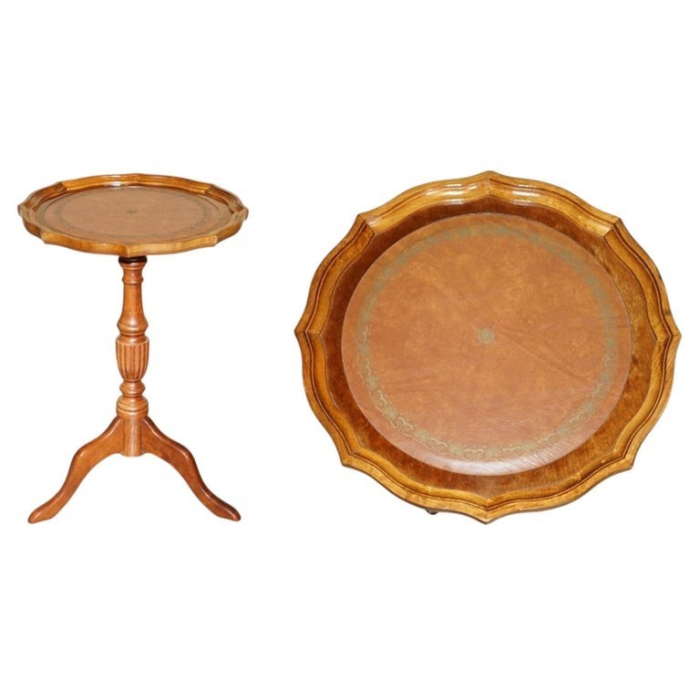 PIE CRUST EDGE BROWN LEATHER GOLD LEAF TOOLED TRIPOD SIDE END LAMP WINE TABLE