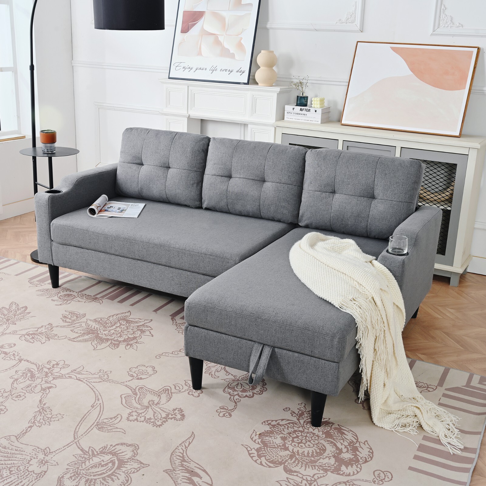 Modern Sectional Sofa Bed Modular Couch with Storage Chaise Lounge Cup Holders