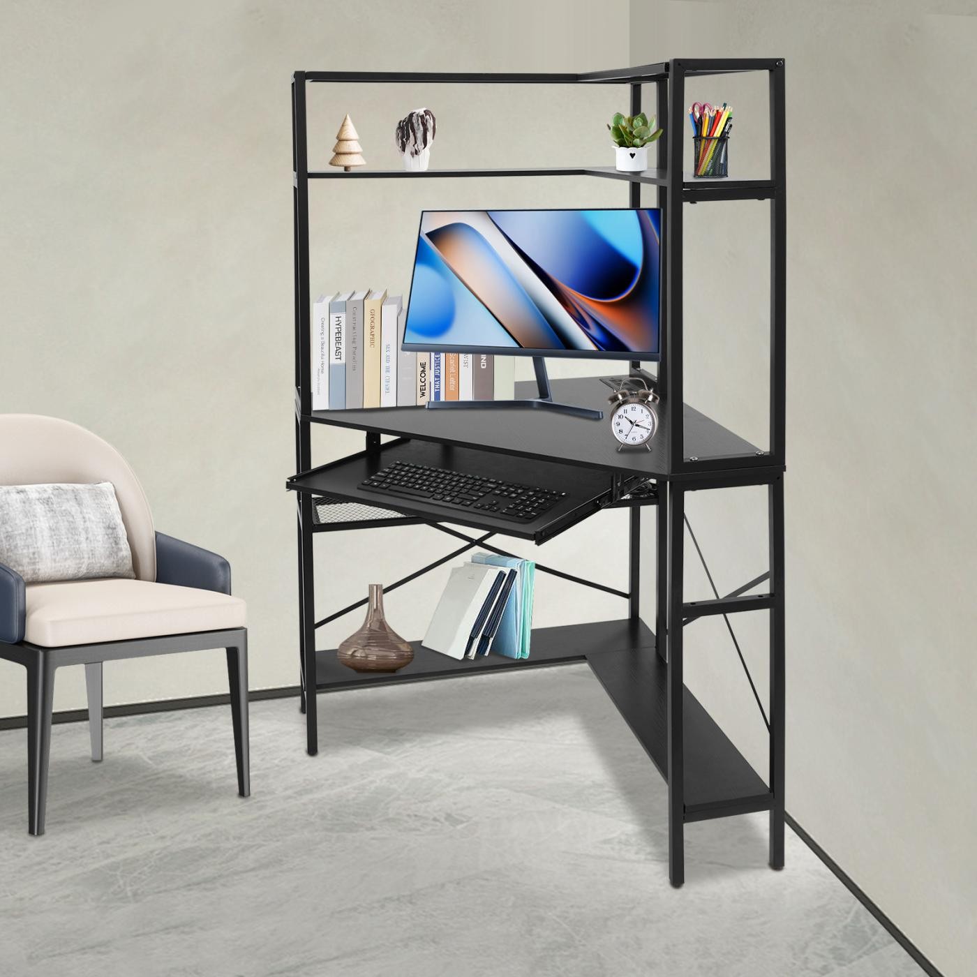 110V Laptop Table Freestanding Studying Desk Corner Computer Desk W/ Power Strip