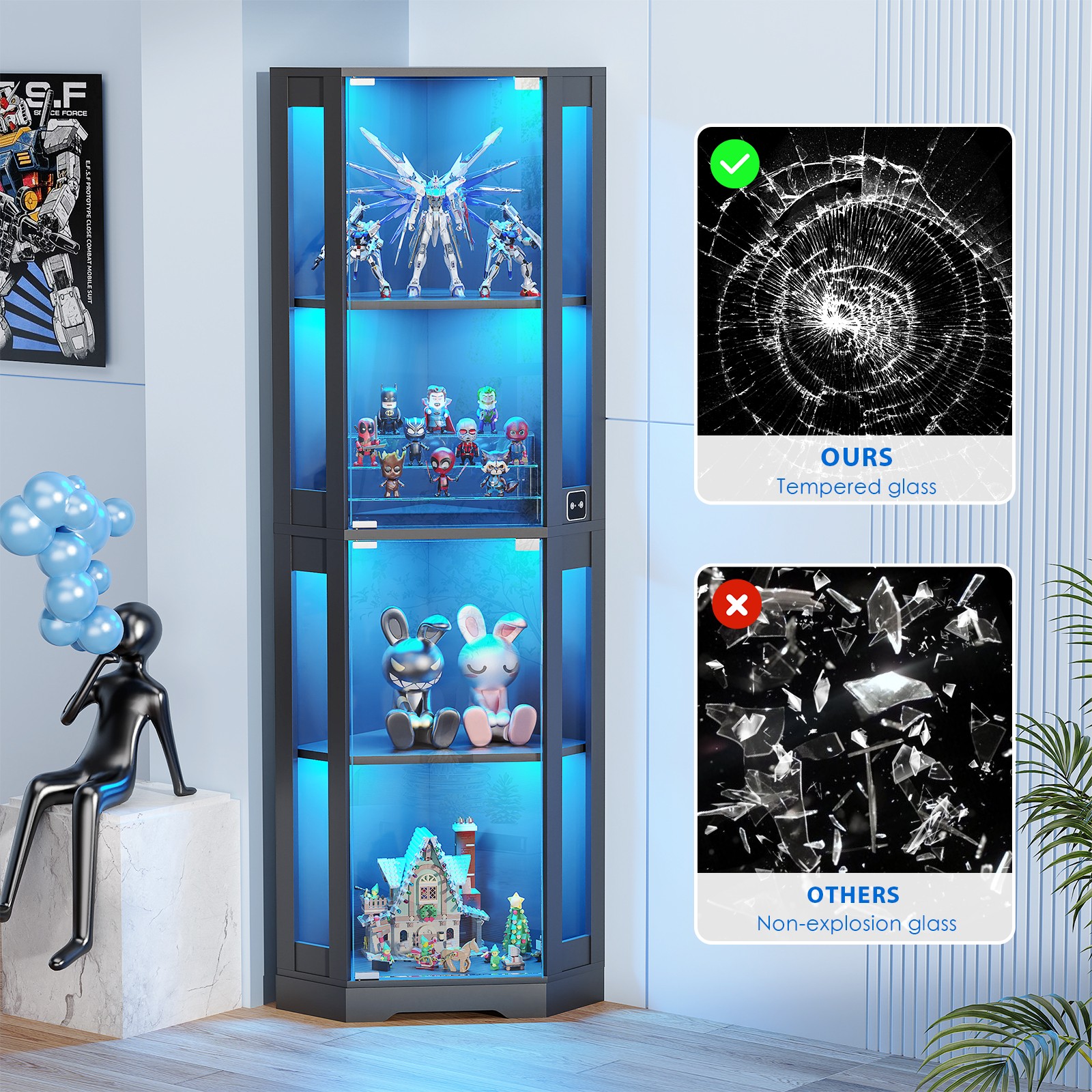 BROTTAR 4-Tier Corner Glass Curio Display Cabinet with Doors & 3-Color LED Light