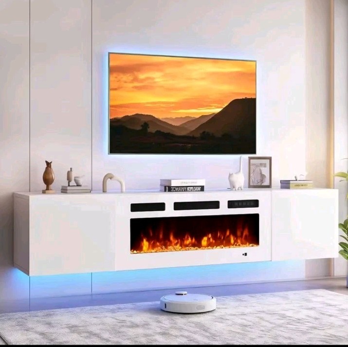70″ Floating Fireplace TV Stand with 36″ Fireplace Modern White Wall Mounted