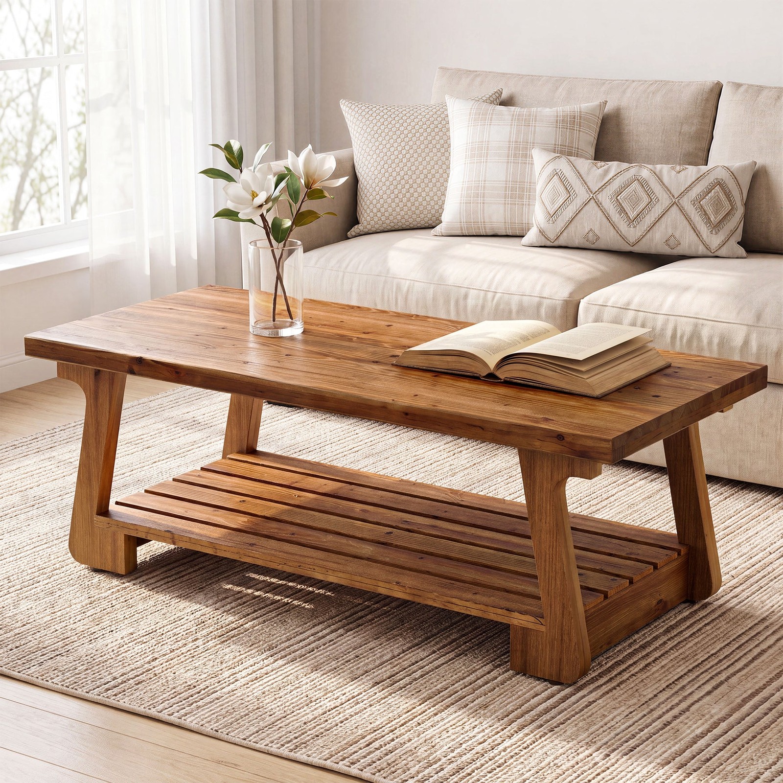 47″ Solid Wood Coffee Table,Rectangle Center Table with 2-Tier Storage&Metal Leg