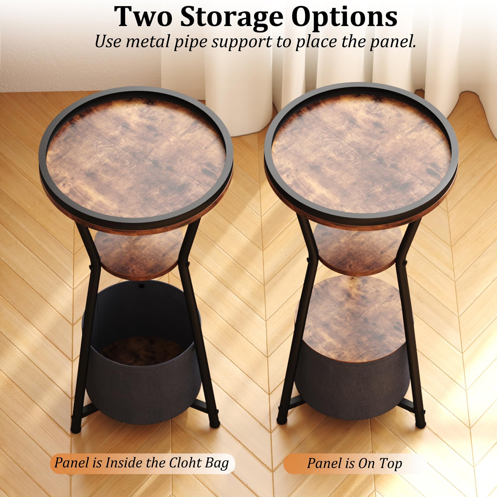 Round Side Table With Charging Station 3Tier Industrial End Table Brown